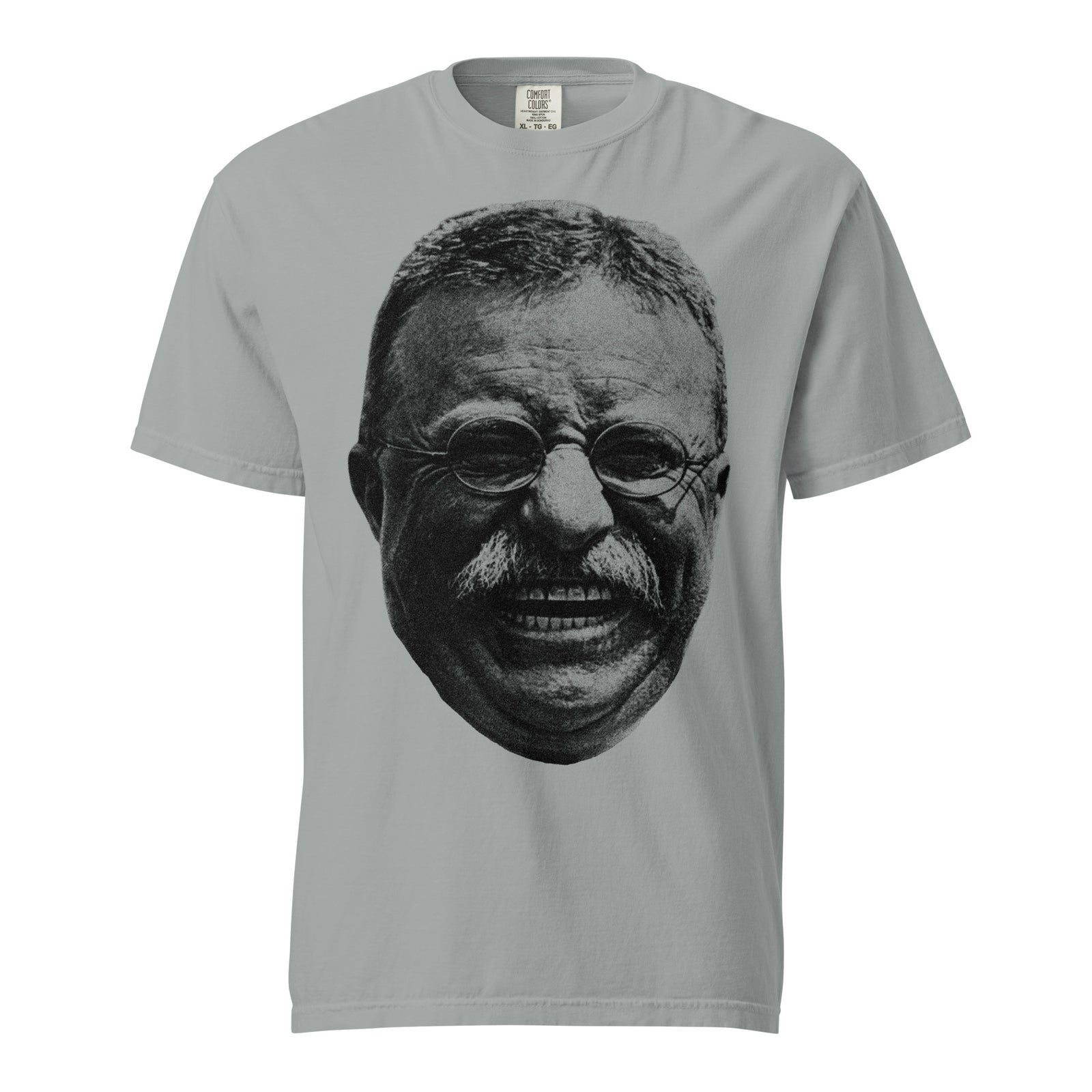 Gray Teddy Roosevelt Laugh Garment-dyed Heavyweight Tee e on a white background
