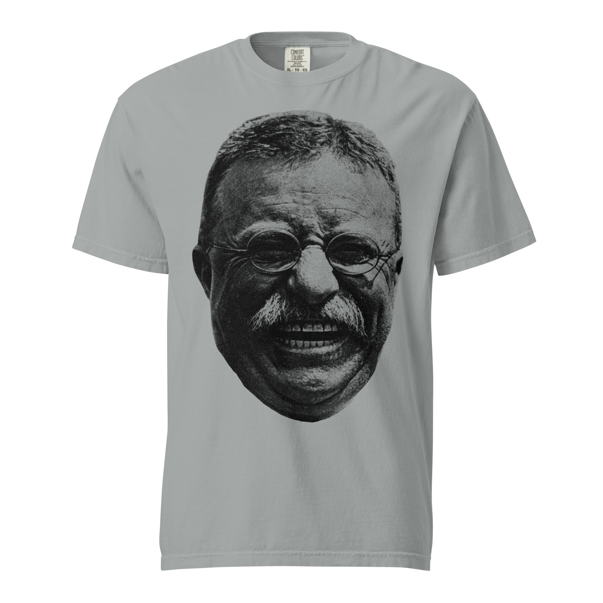 Gray Teddy Roosevelt Laugh Garment-dyed Heavyweight Tee e on a white background