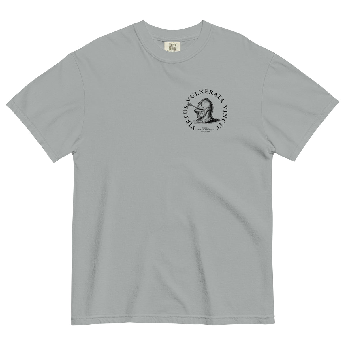 Minimalist graphic t-shirt featuring an illustrated medieval knight pierced by arrows with the Latin phrase Virtus Vulnerata Vincit (“Virtue, though wounded, conquers”).