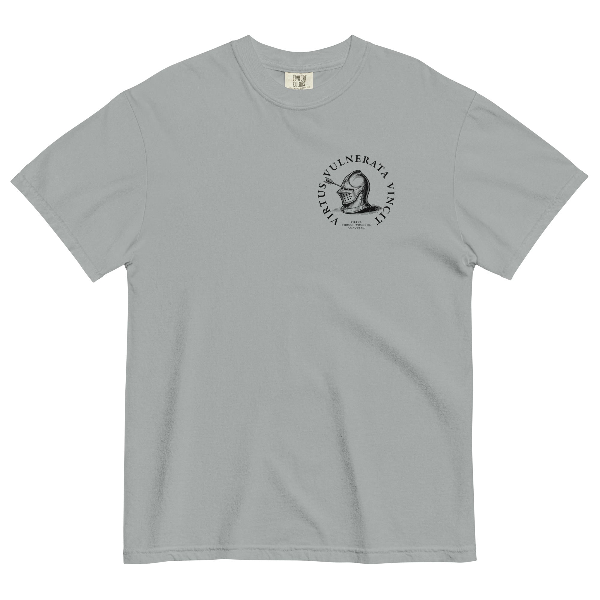 Minimalist graphic t-shirt featuring an illustrated medieval knight pierced by arrows with the Latin phrase Virtus Vulnerata Vincit (“Virtue, though wounded, conquers”).