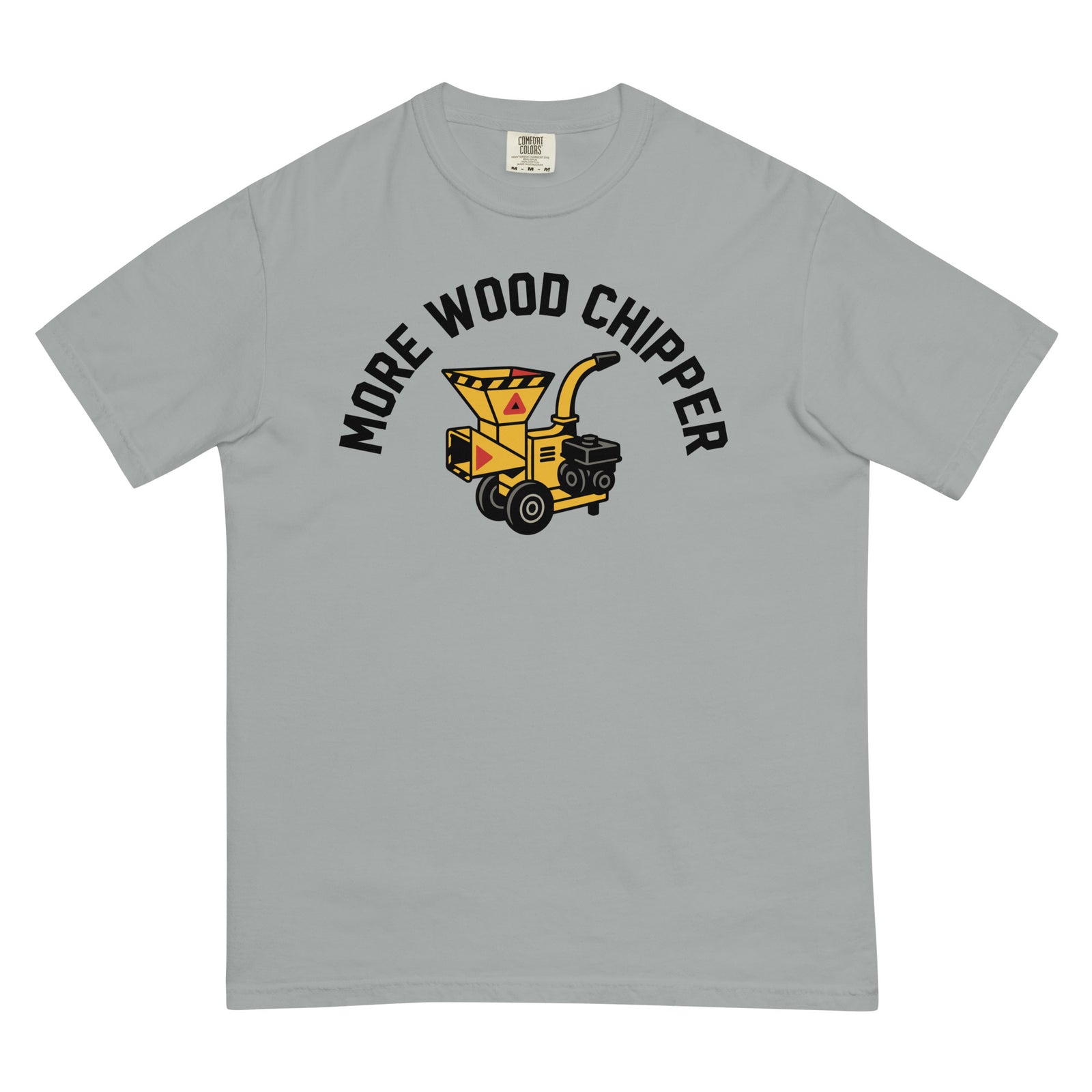 Gray t-shirt with a wood chipper graphic and 'More Wood Chipper' text on a white background