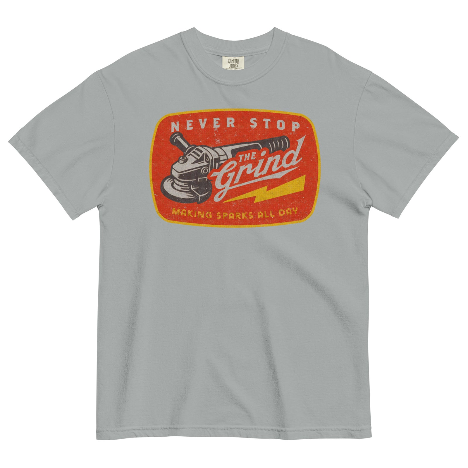 Gray t-shirt with a graphic design featuring a grinder and text on a white background