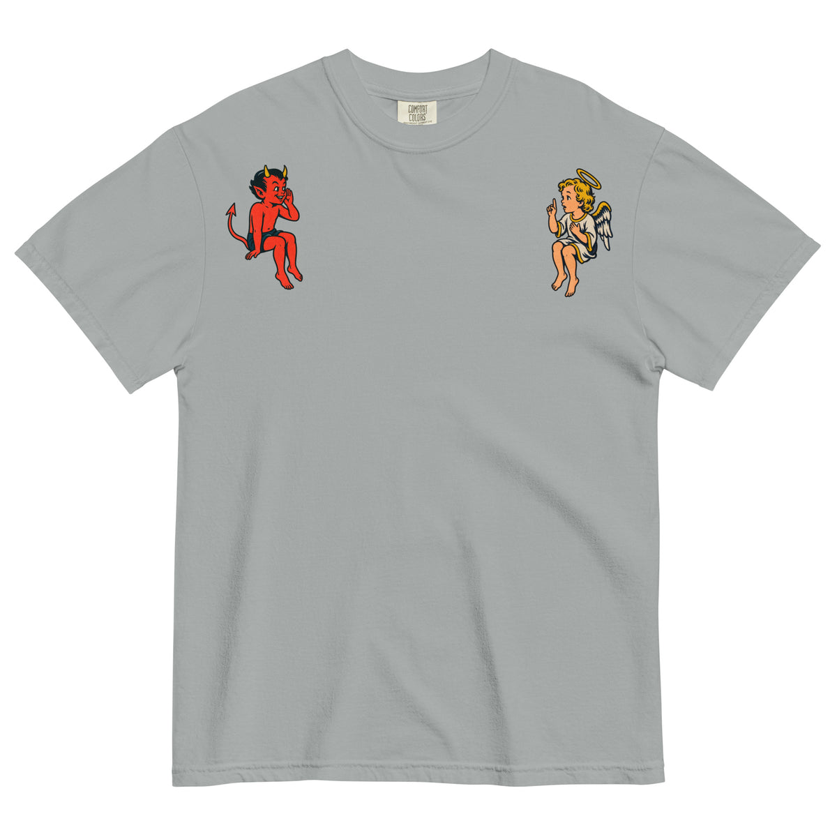 Granite gray angel and devil shoulder graphic heavyweight tee, front view