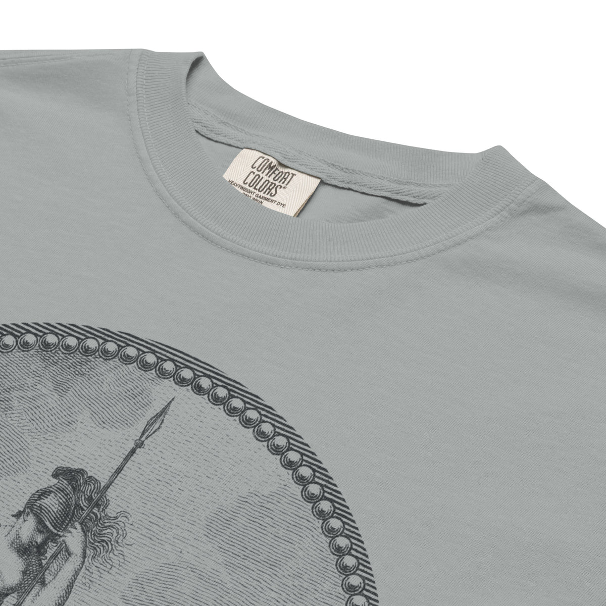 Close up of the Sic Semper Tyrannis Virginia seal graphic T-shirt by Liberty Maniacs