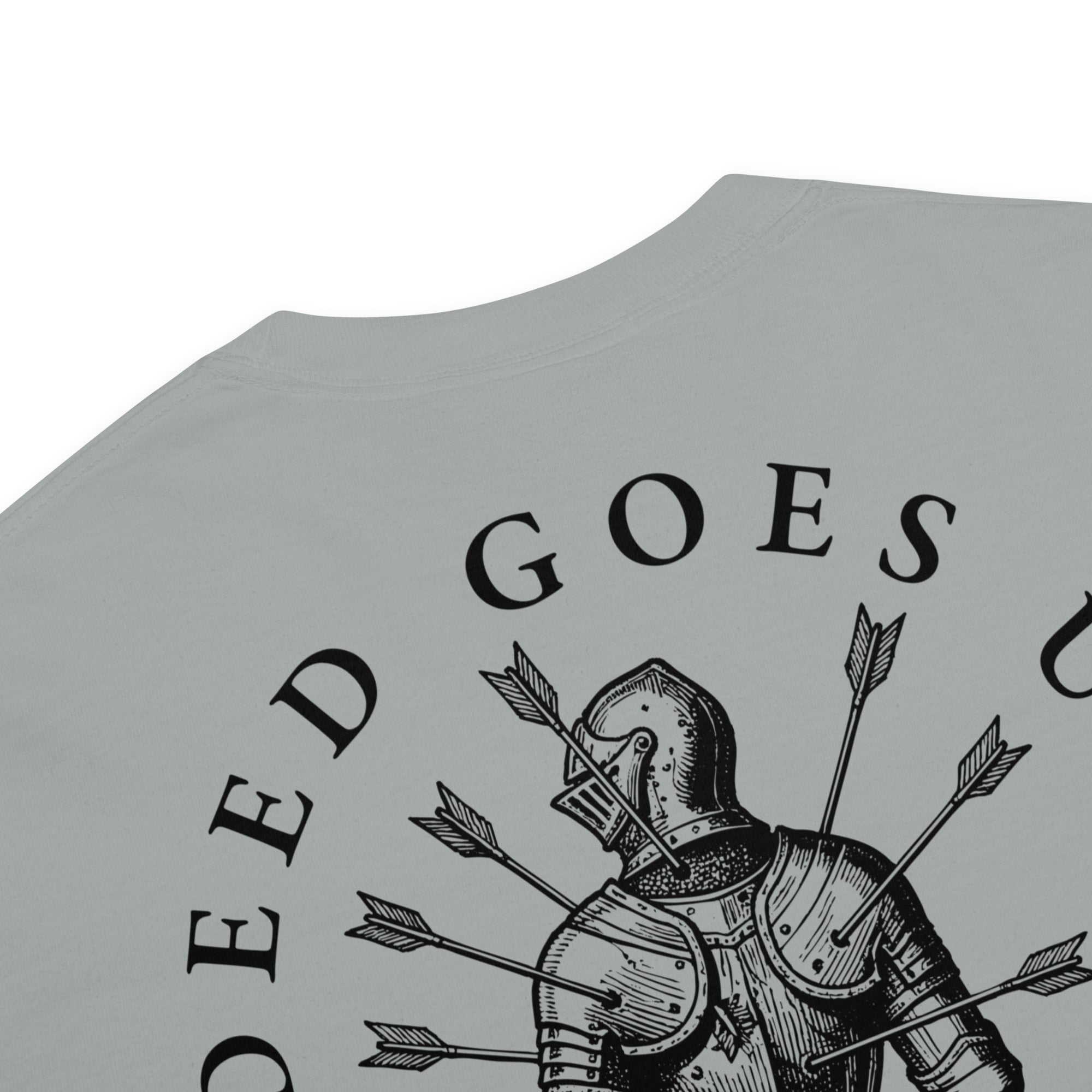 Minimalist graphic t-shirt featuring an illustrated medieval knight pierced by arrows with the Latin phrase Virtus Vulnerata Vincit (“Virtue, though wounded, conquers”).