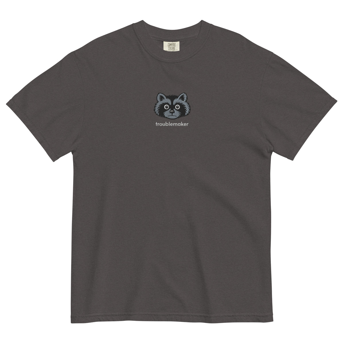 Troublemaker Raccoon Heavyweight Embroidered Tee by Liberty Maniacs in grey