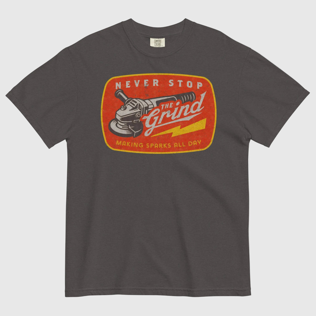 Graphite t-shirt with a graphic design featuring a grinder and text on a white background