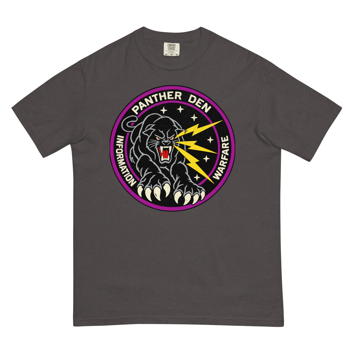Panther Den Information Warfare T-shirt in graphite, front view