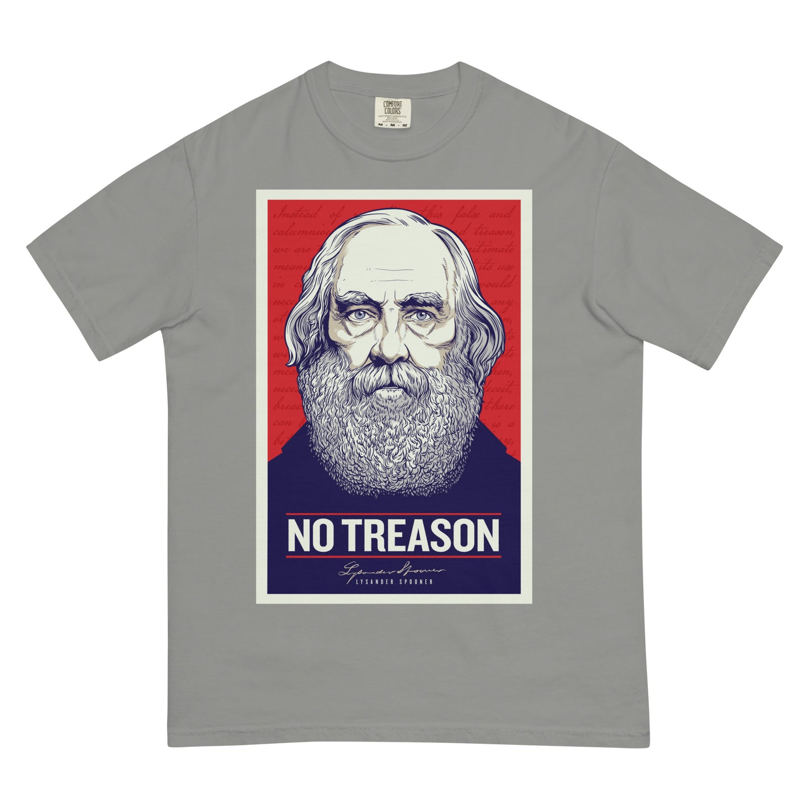 Gray t-shirt with a graphic of a man's face and 'No Treason' text on a white background