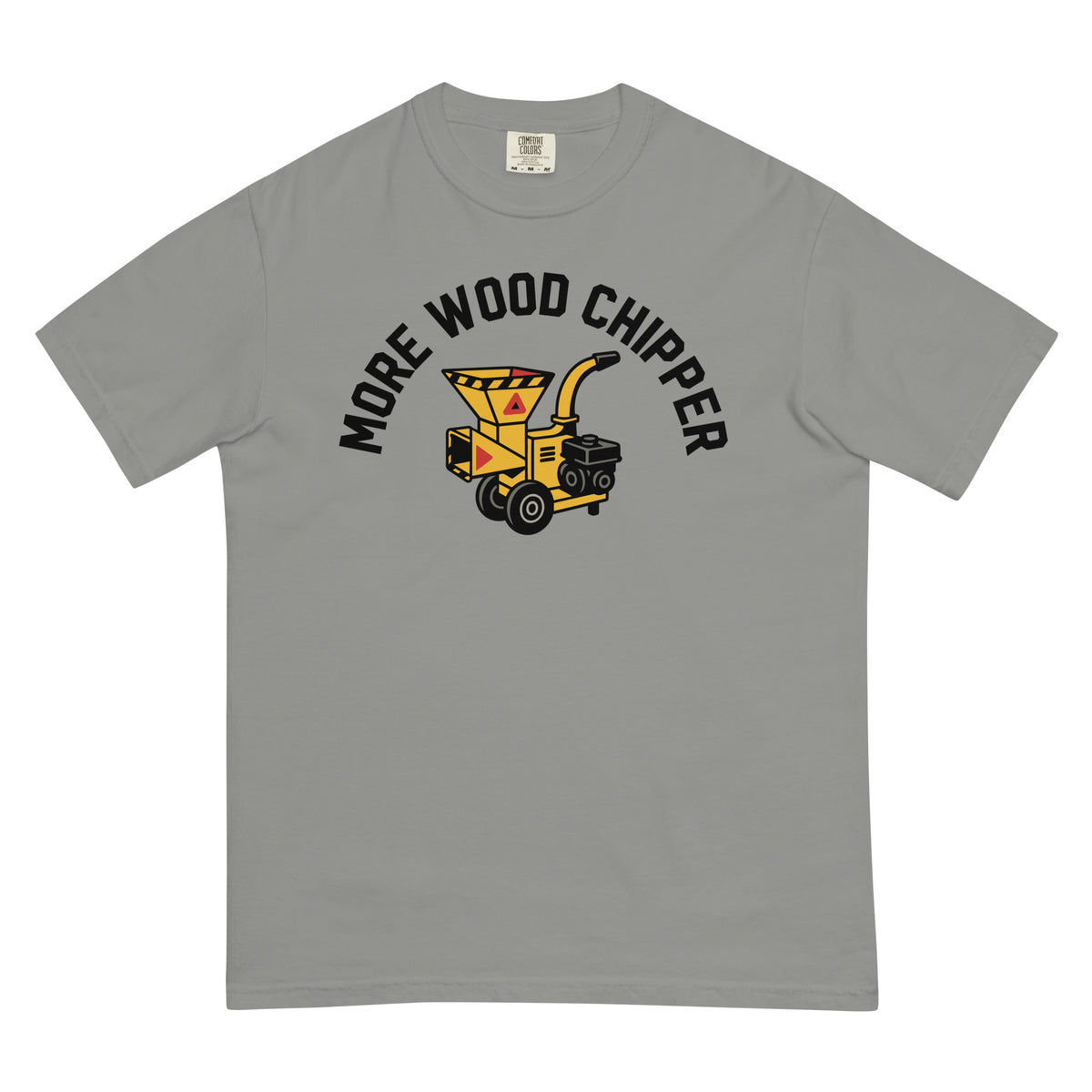 Gray t-shirt with a wood chipper graphic and text on a white background