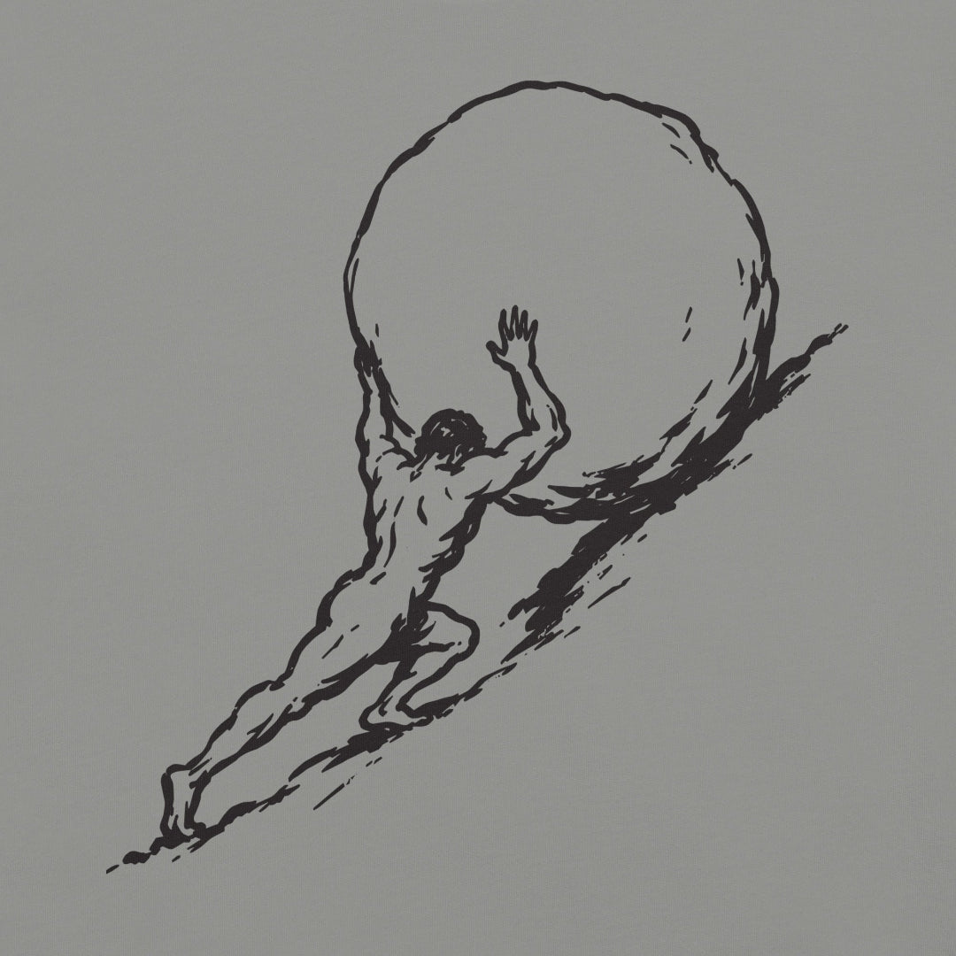 Sisyphus Illustration of a man pushing a large sphere on a gray background
