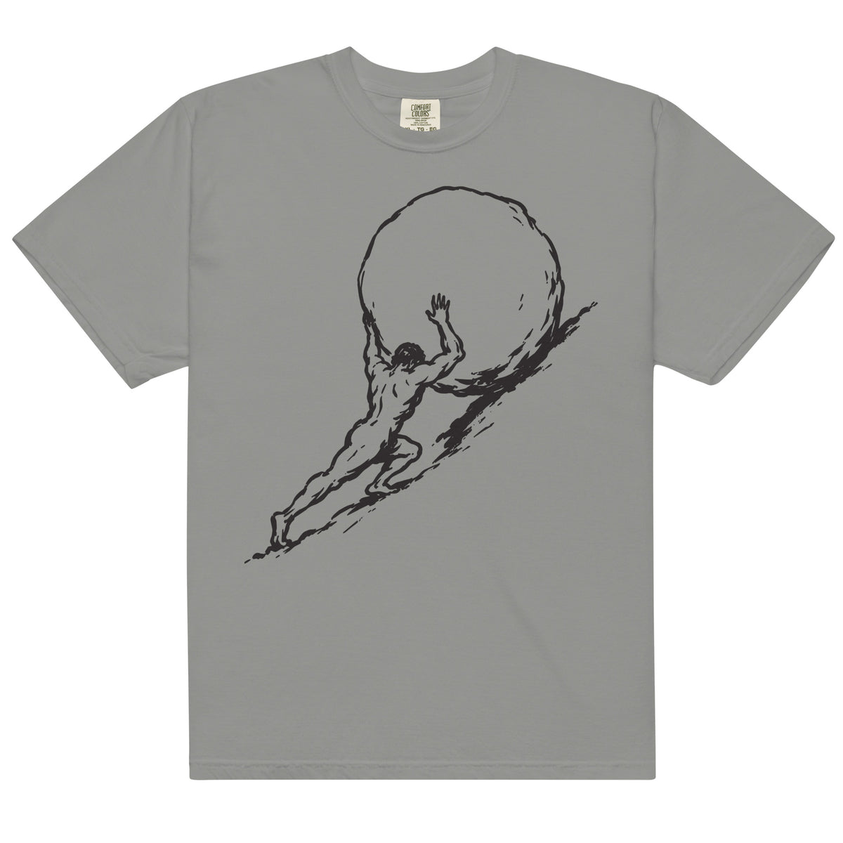 Gray Sisyphus  t-shirt with a black graphic of a person pushing a boulder on a white background
