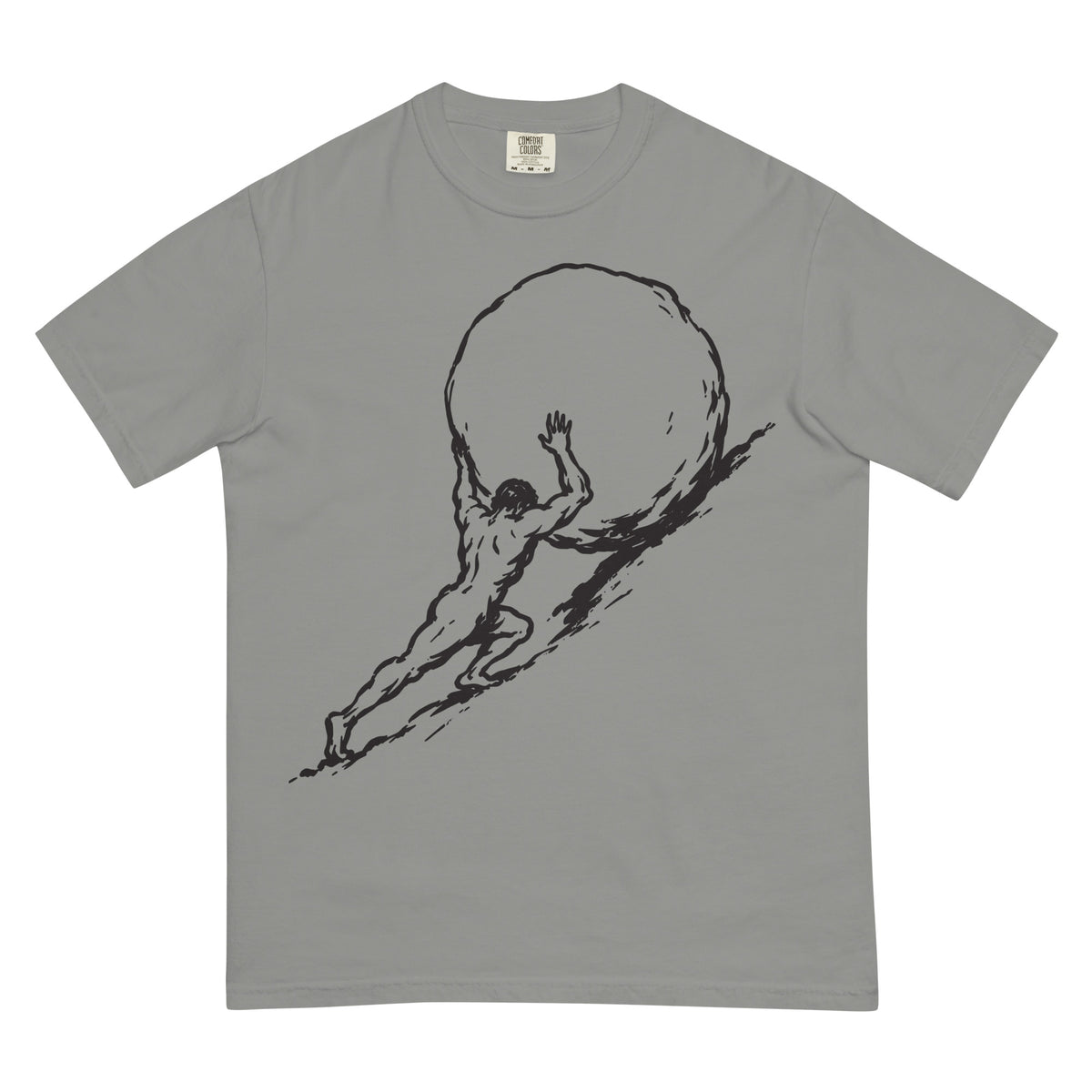 Gray Sisyphus t-shirt with a black graphic of a man pushing a boulder on a white background