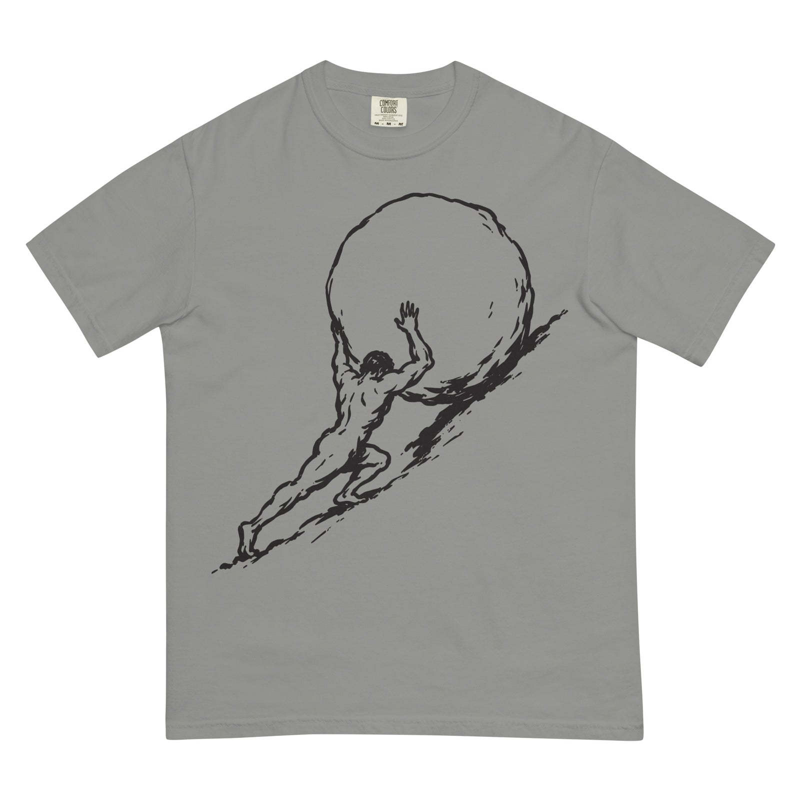 Gray Sisyphus t-shirt with a black graphic of a man pushing a boulder on a white background