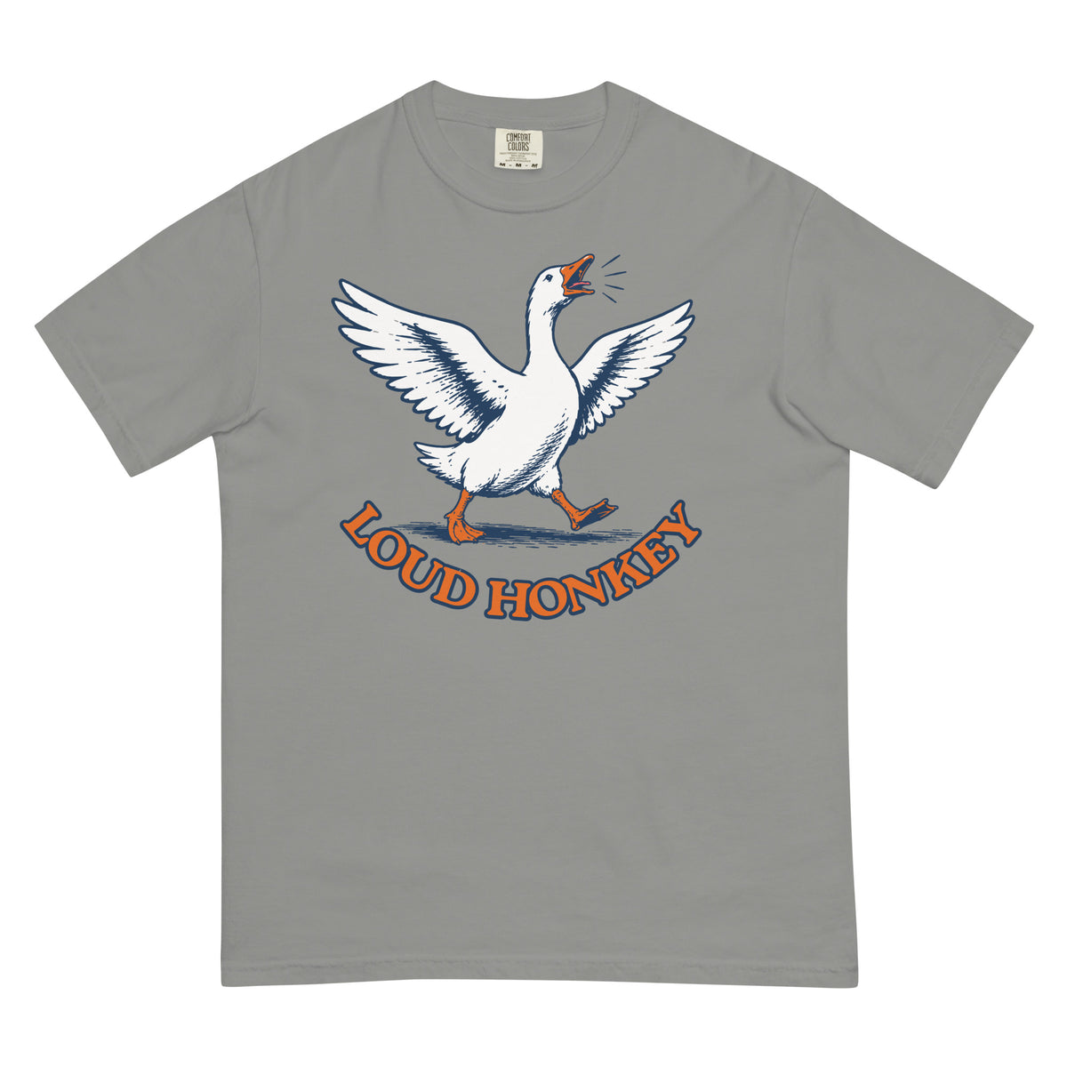 Loud Honkey funny goose graphic t-shirt in Grey garment-dyed heavyweight cotton, front view