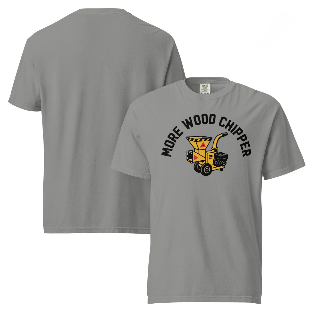 Gray t-shirt with a wood chipper graphic and text 'More Wood Chipper' on a white background
