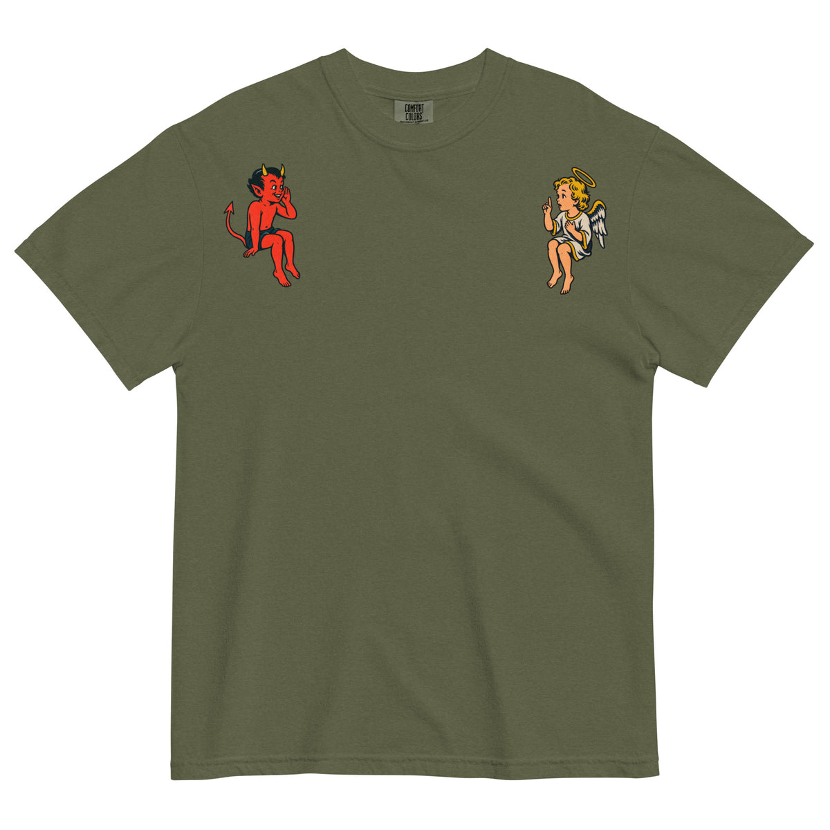 Hemp tan angel and devil shoulder graphic heavyweight tee, front view
