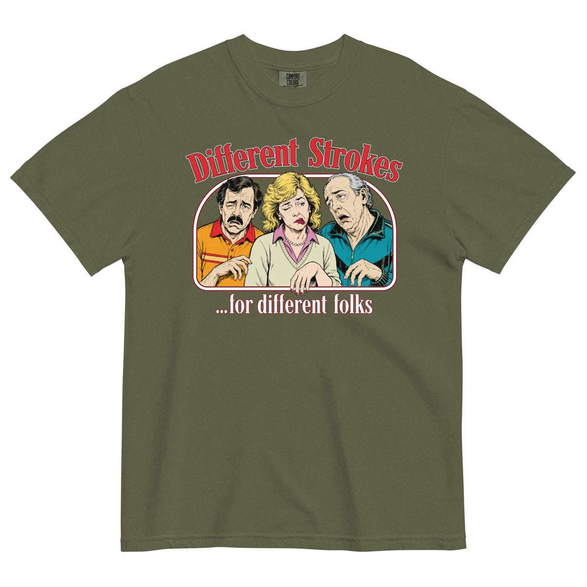 Different Strokes for Different Folks heavyweight T-shirt in hemp with three-person retro graphic, front view