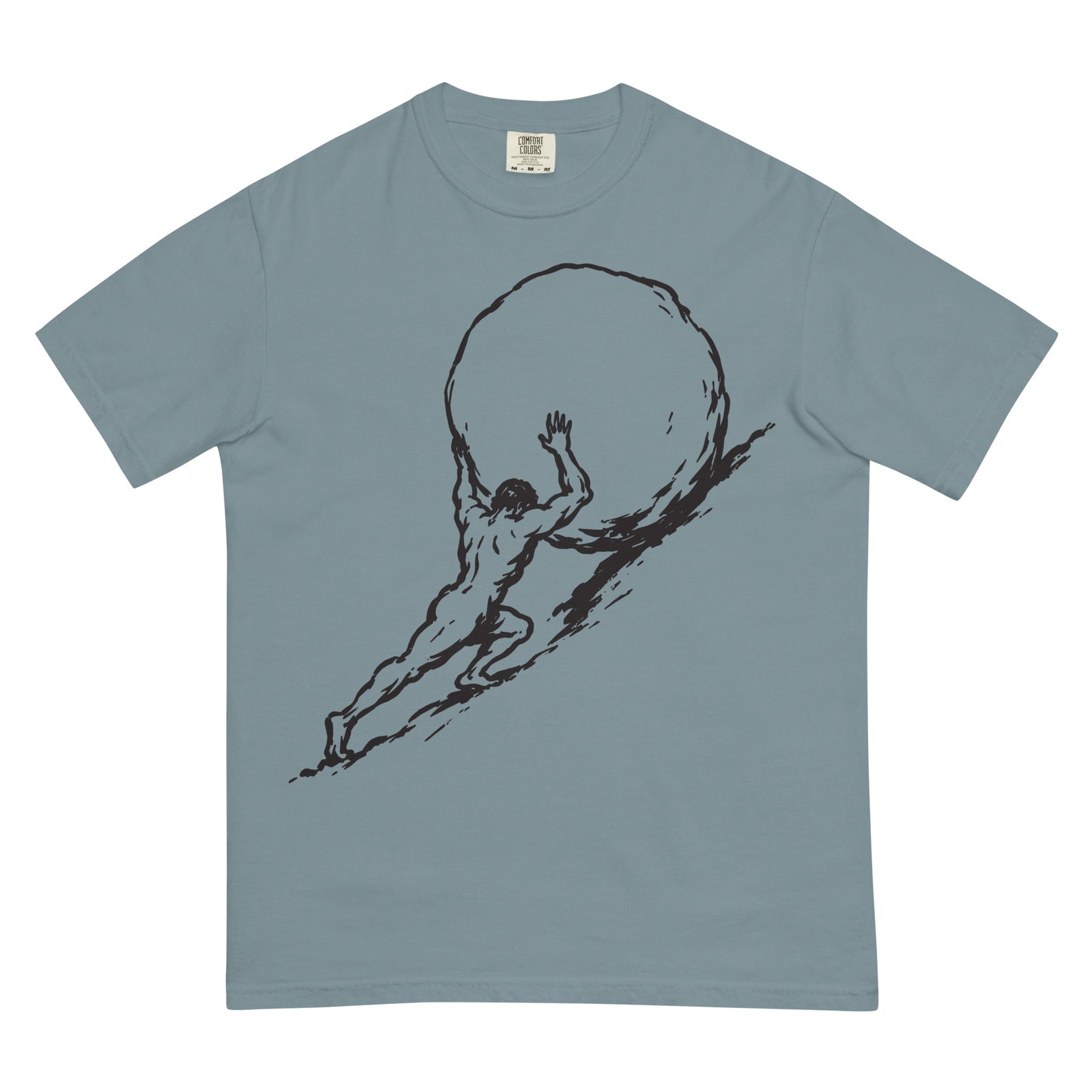 Blue Sisyphus t-shirt with a graphic of a man lifting a large boulder on a white background