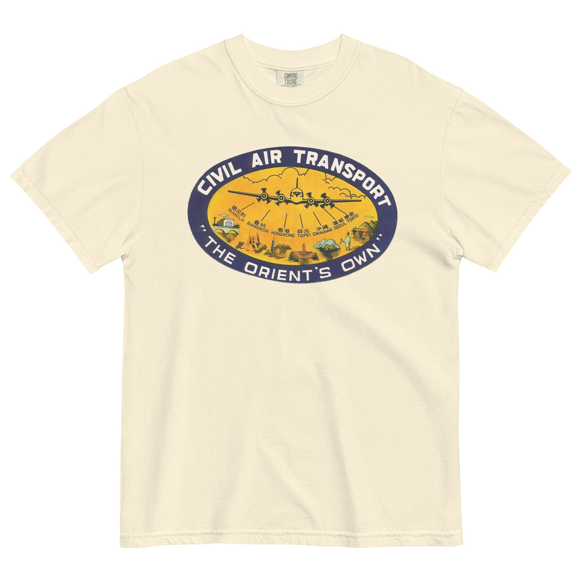 Beige t-shirt with Civil Air Transport logo on a white background