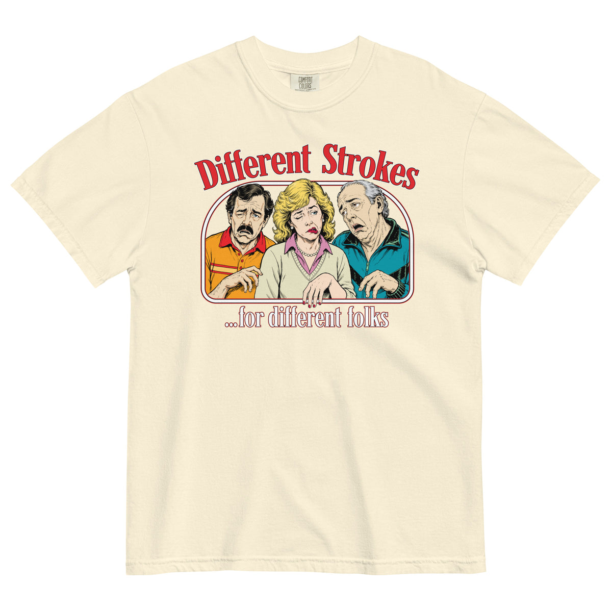 Different Strokes for Different Folks heavyweight T-shirt in ivory with three-person retro graphic, front view