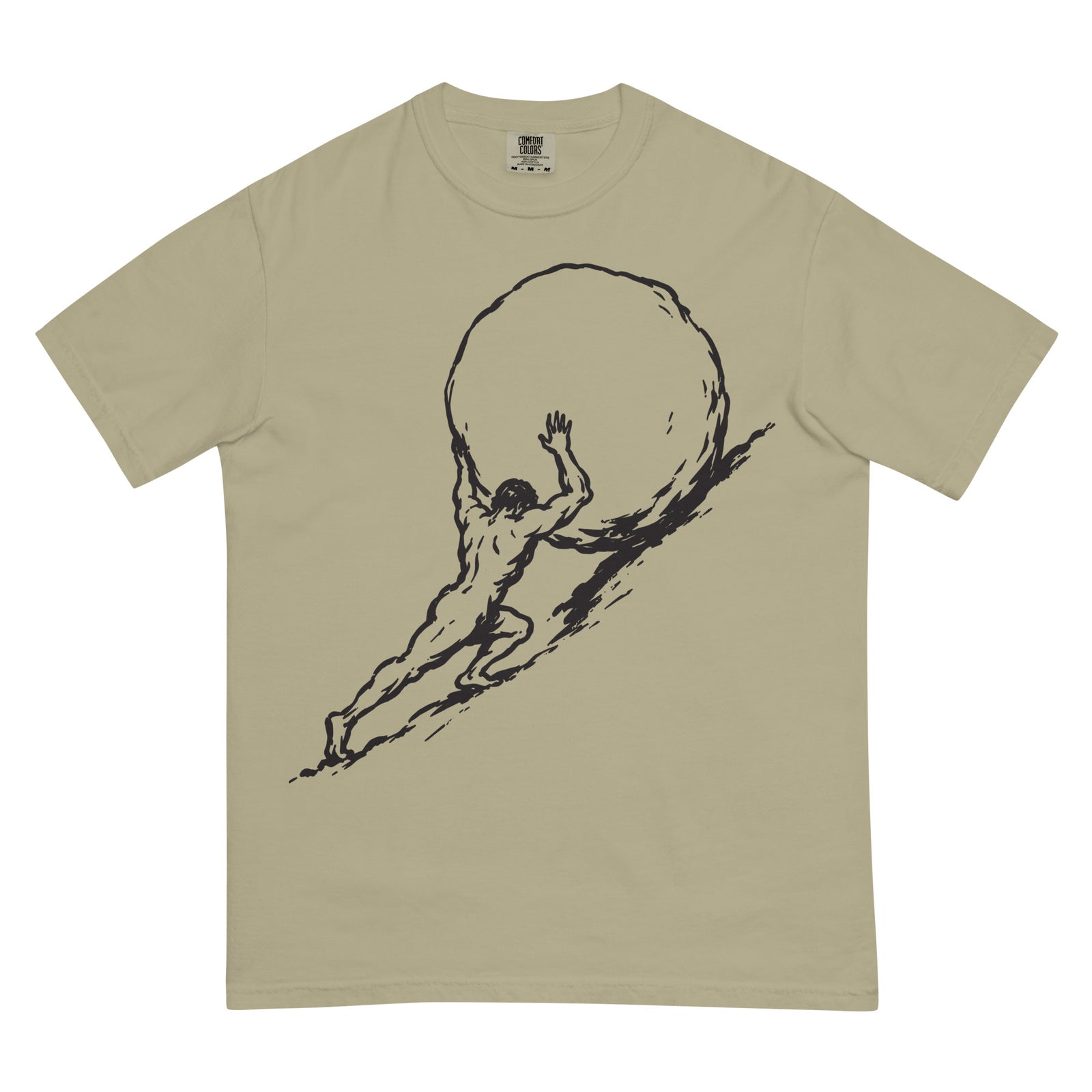 Beige Sisyphus t-shirt with black graphic of a man lifting a large boulder on a white background