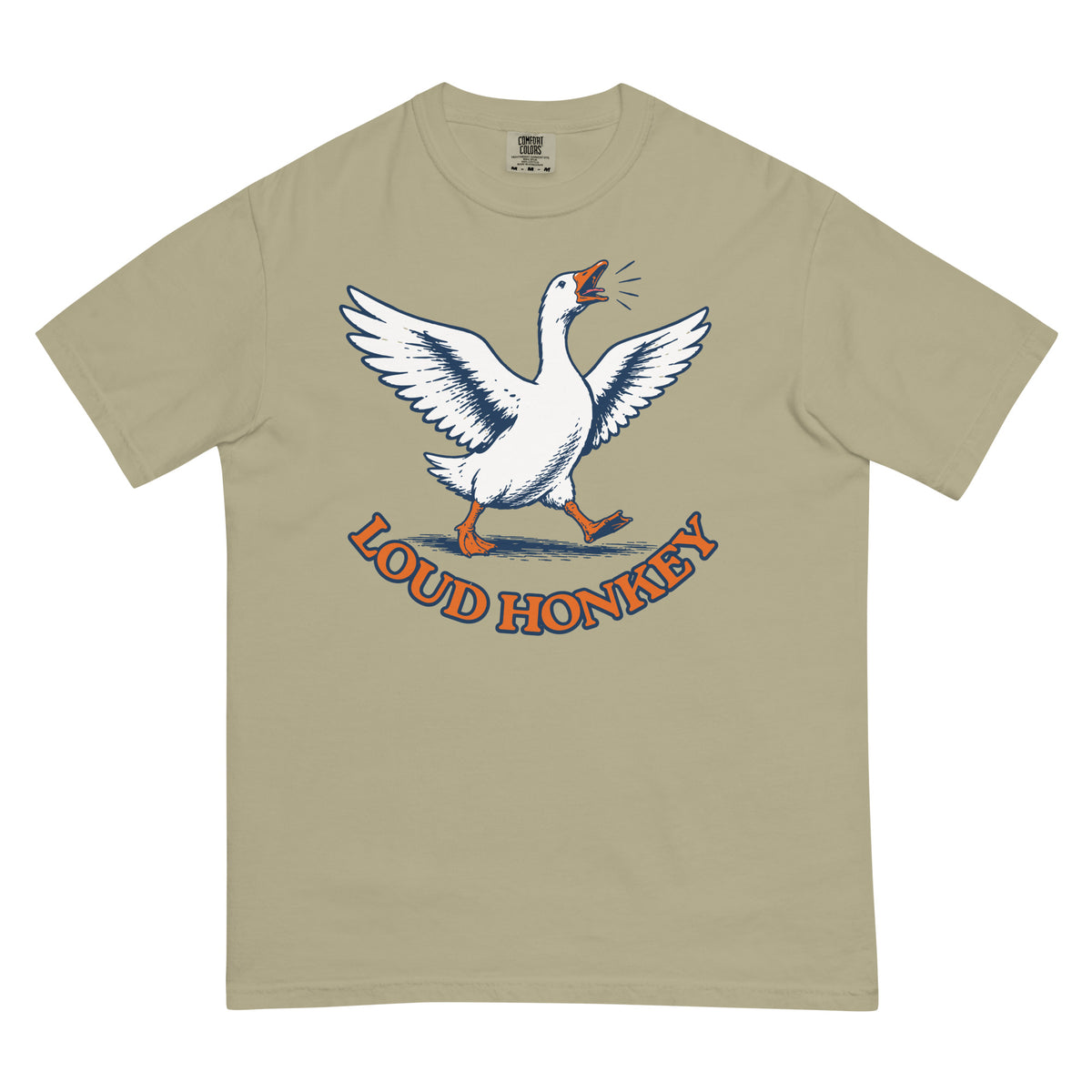 Loud Honkey funny goose graphic t-shirt in Khaki garment-dyed heavyweight cotton, front view