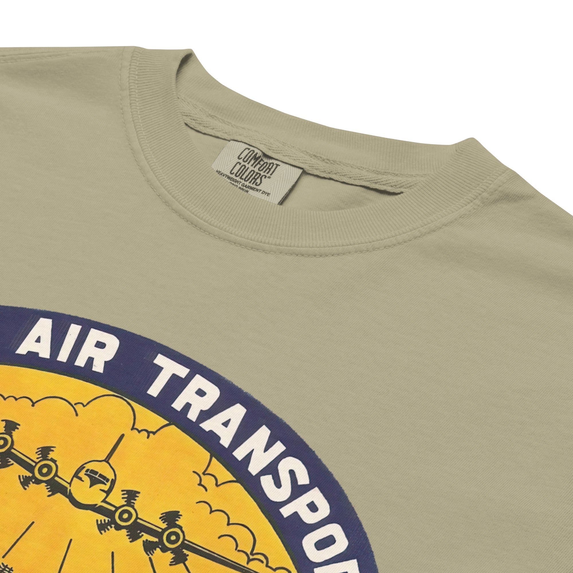 Khaki t-shirt with 'Air Transport' graphic and Comfort Colors label