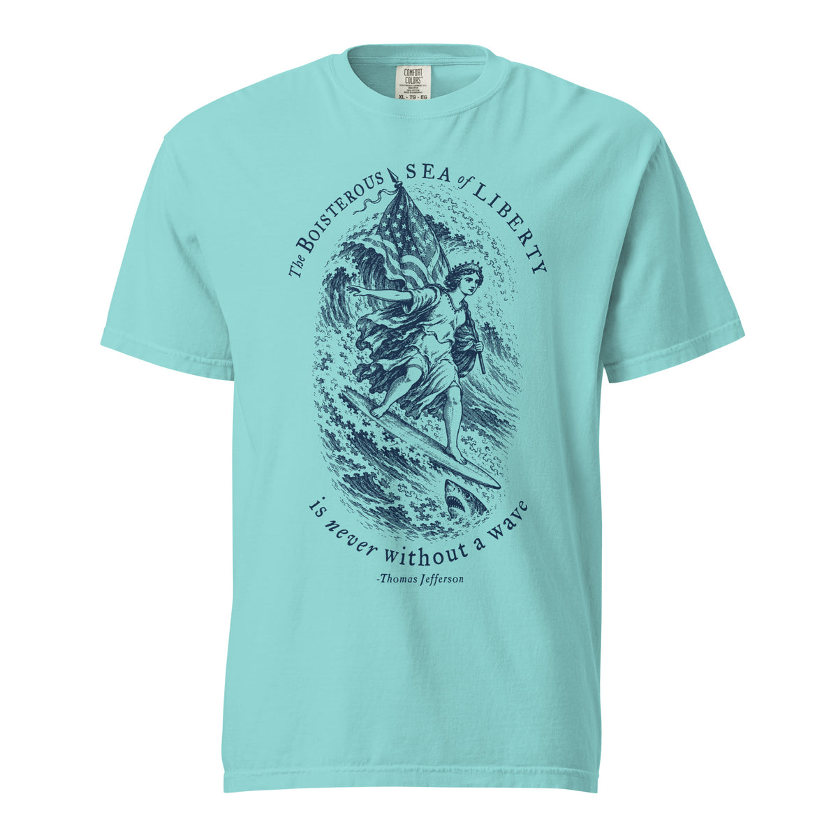 Jefferson Sea of Liberty heavyweight T-shirt in Lagoon Blue, front view with dark blue engraved-style artwork