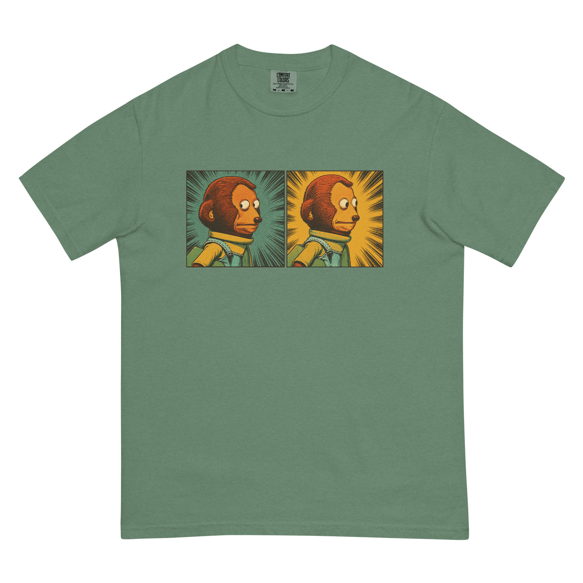 garment-dyed graphic T-shirt featuring a two-panel vintage comic-style monkey making an awkward side-eye expression.