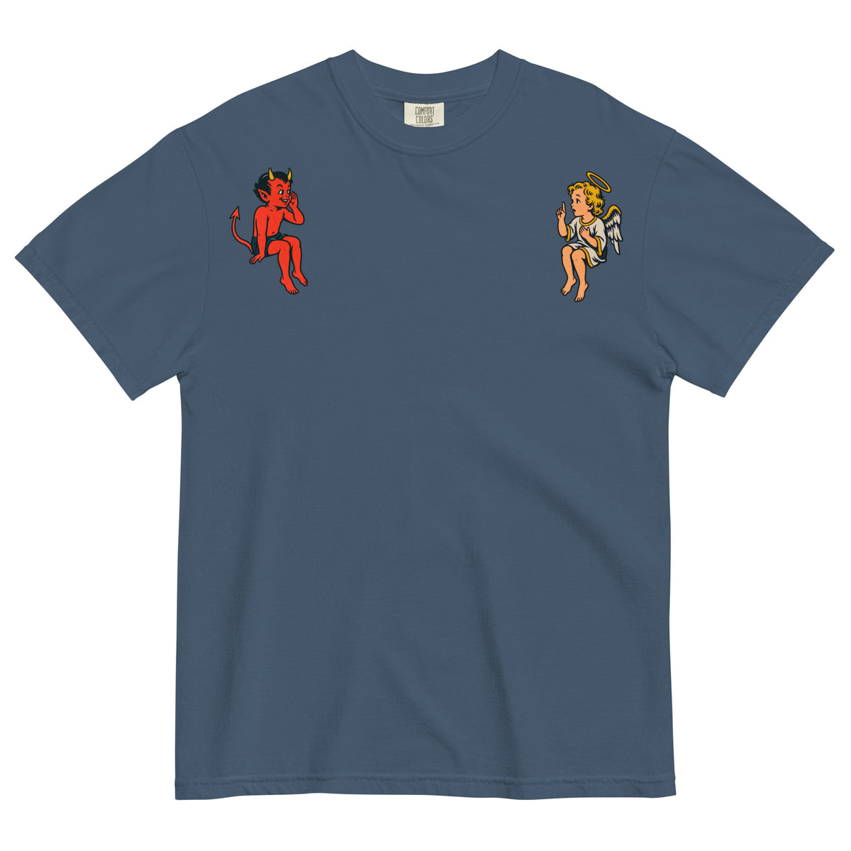 Midnight blue angel and devil shoulder graphic heavyweight tee, front view