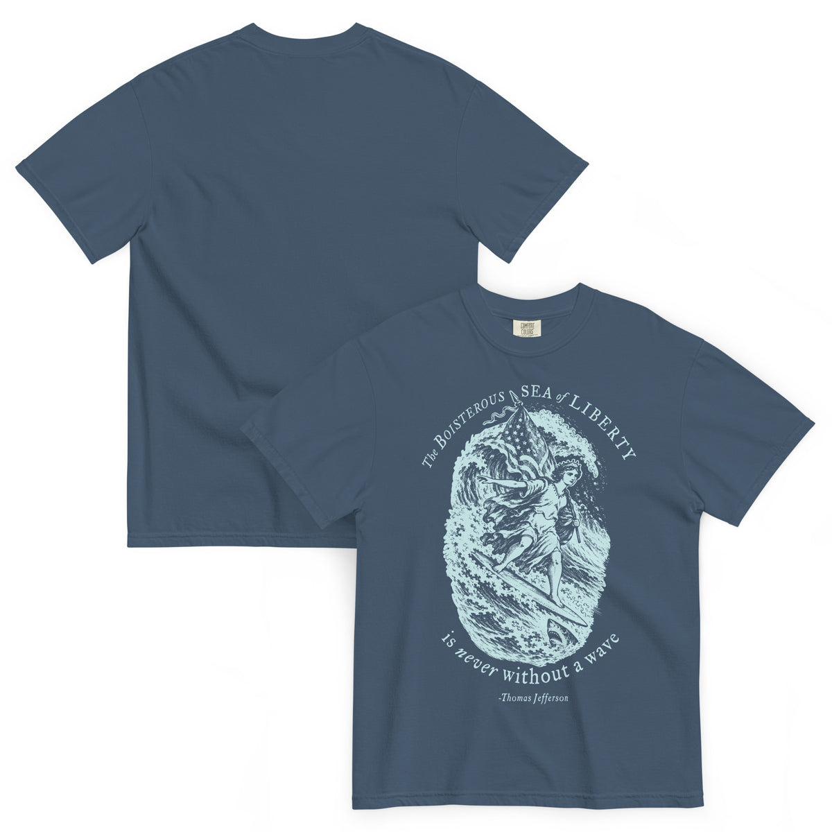 Midnight Sea of Liberty heavyweight T-shirt, combined front and plain back views