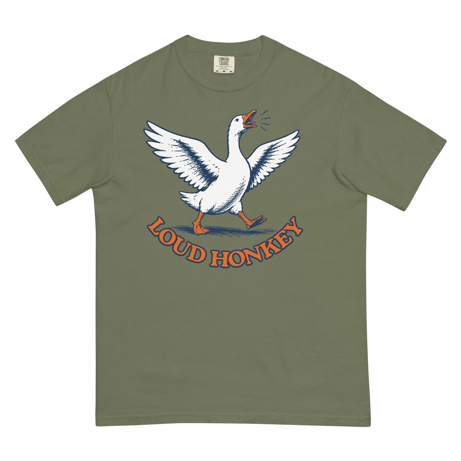 Loud Honkey funny goose graphic t-shirt in Moss garment-dyed heavyweight cotton, front view