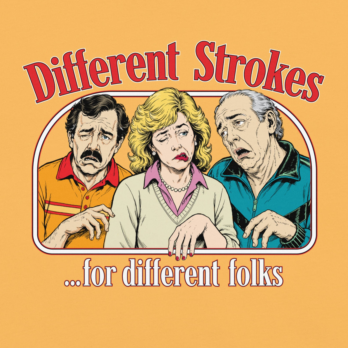 Different Strokes for Different Folks retro illustration on mustard T-shirt, close graphic view