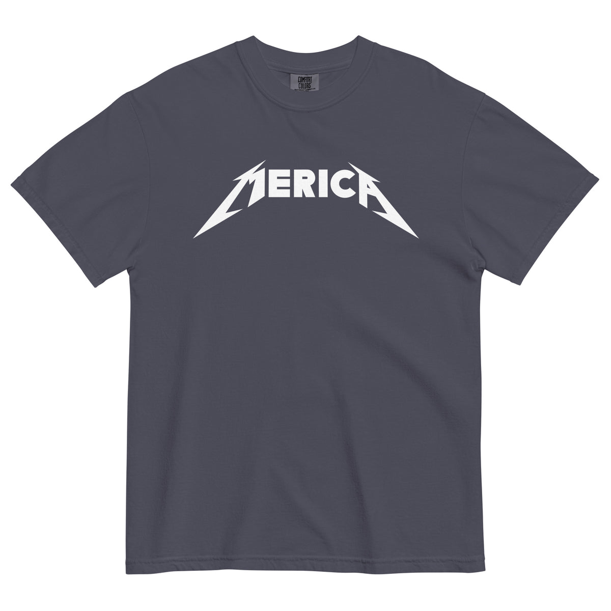 Grey t-shirt with 'Merica' graphic design on a white background