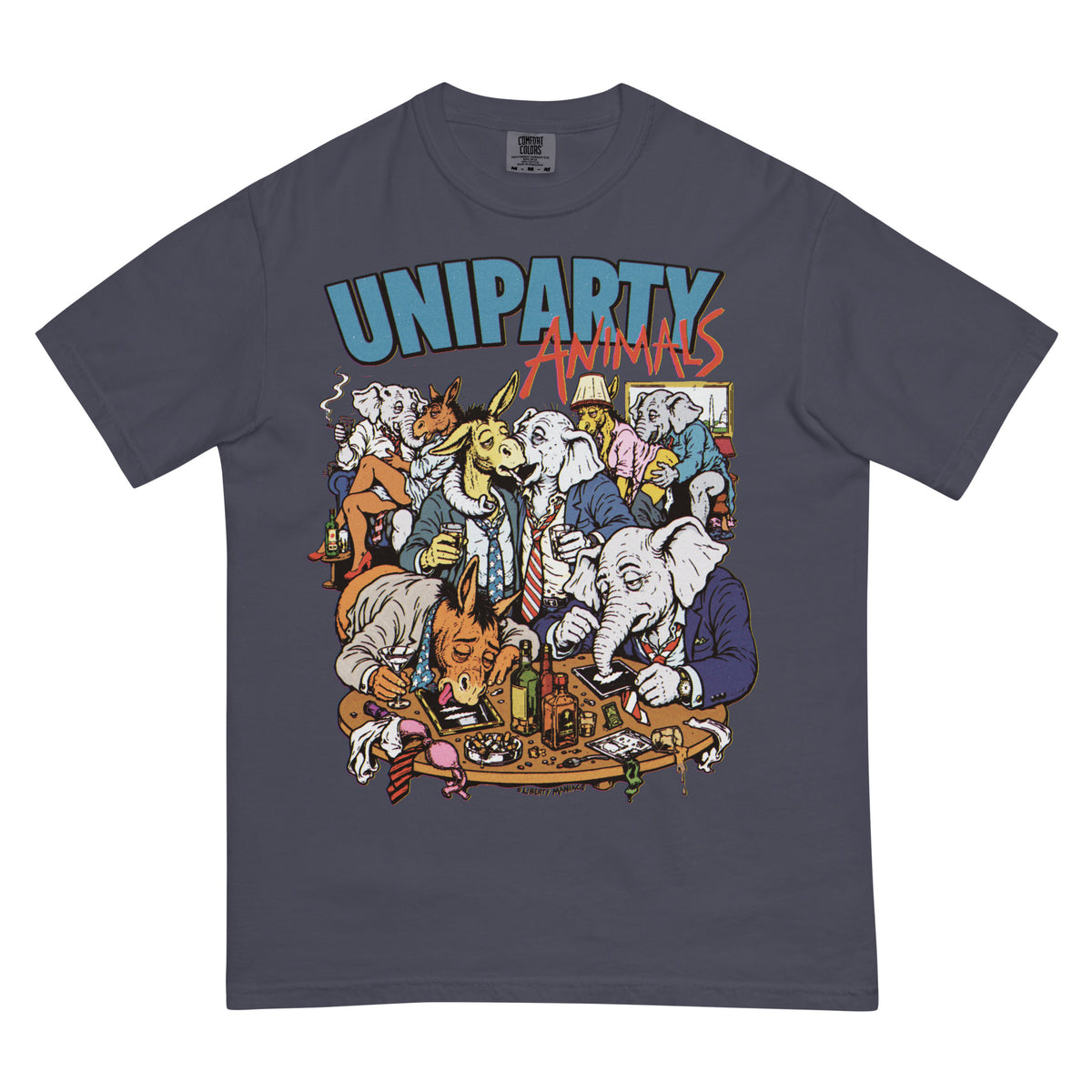 A dark gray crewneck t-shirt featuring a colorful graphic print of anthropomorphic animals playing cards under the text 'UNIPARTY ANIMALS'.