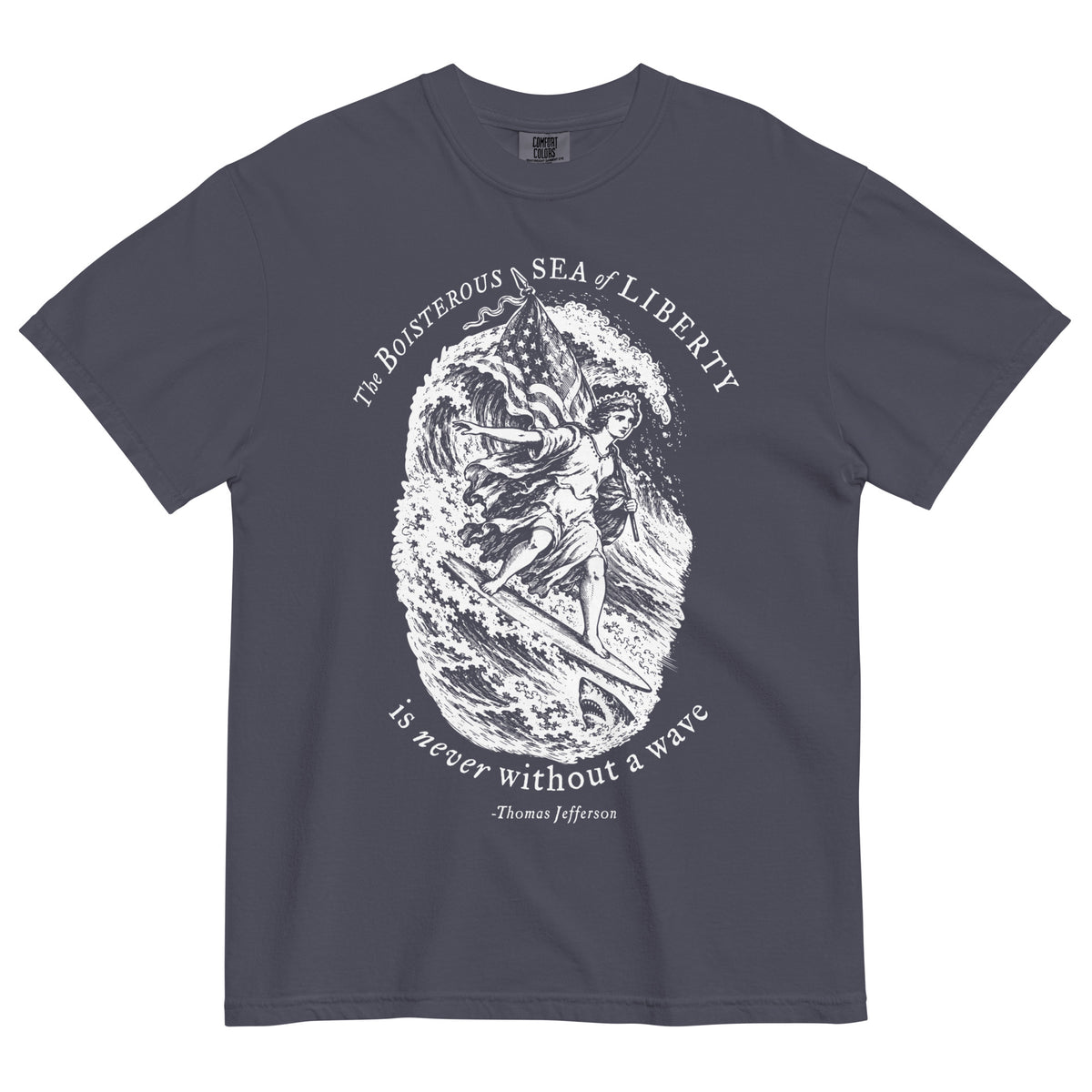 Jefferson Sea of Liberty heavyweight T-shirt in Navy, front view with white Lady Liberty and wave artwork