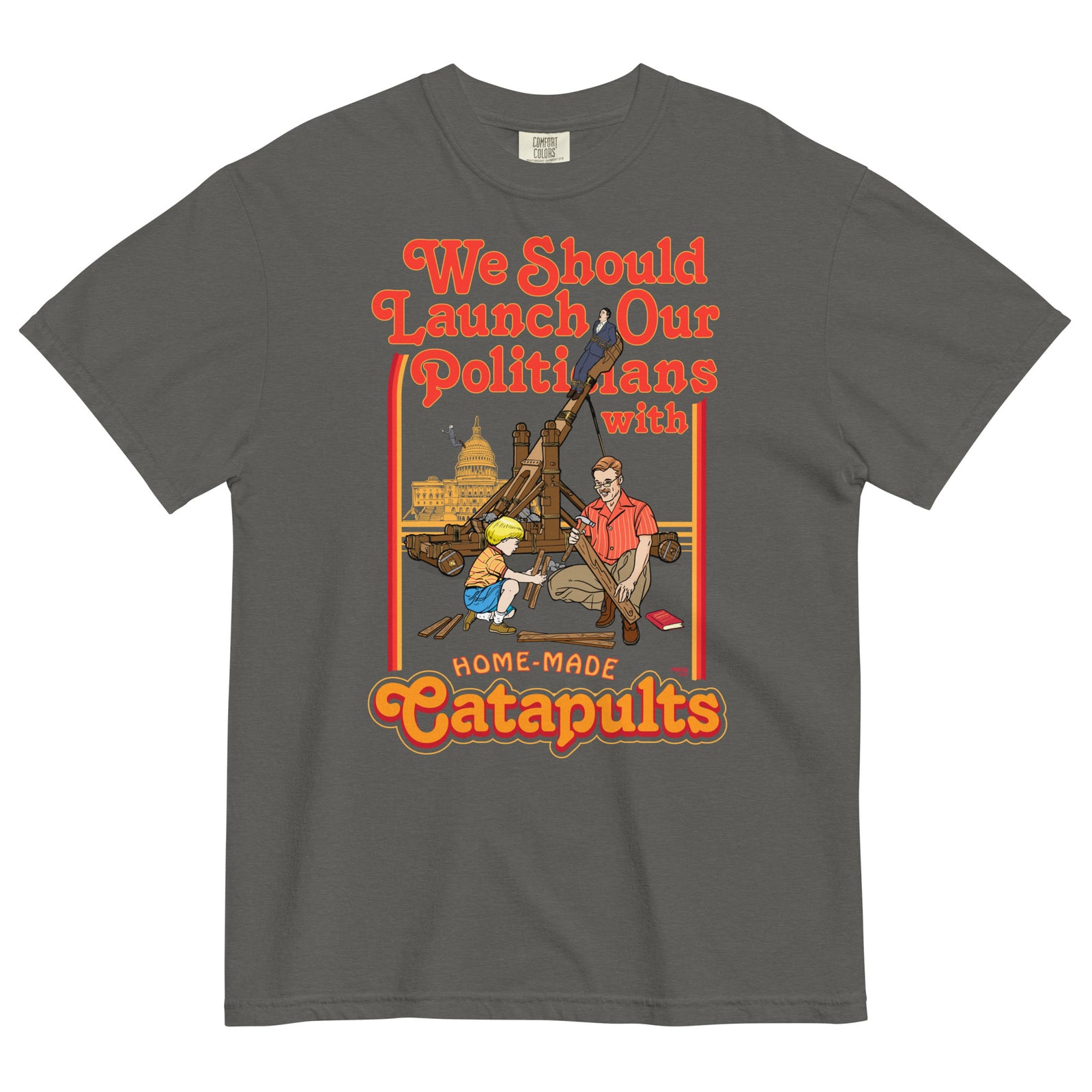 Gray t-shirt with a graphic design featuring text and images of people with a catapult, on a white background.