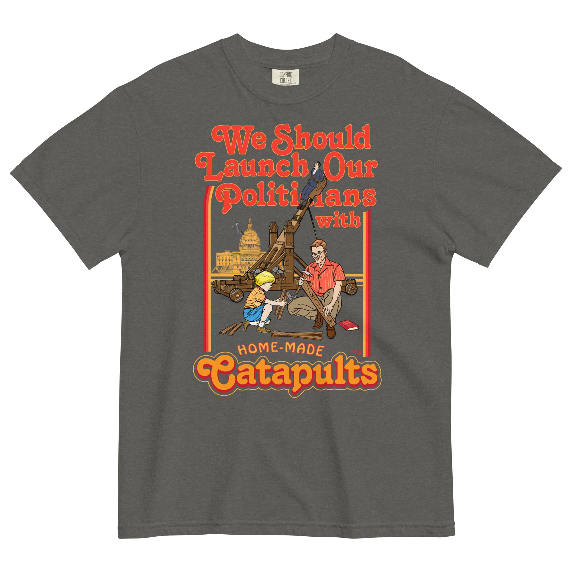 Gray t-shirt with a graphic design featuring text and images of people with a catapult, on a white background.