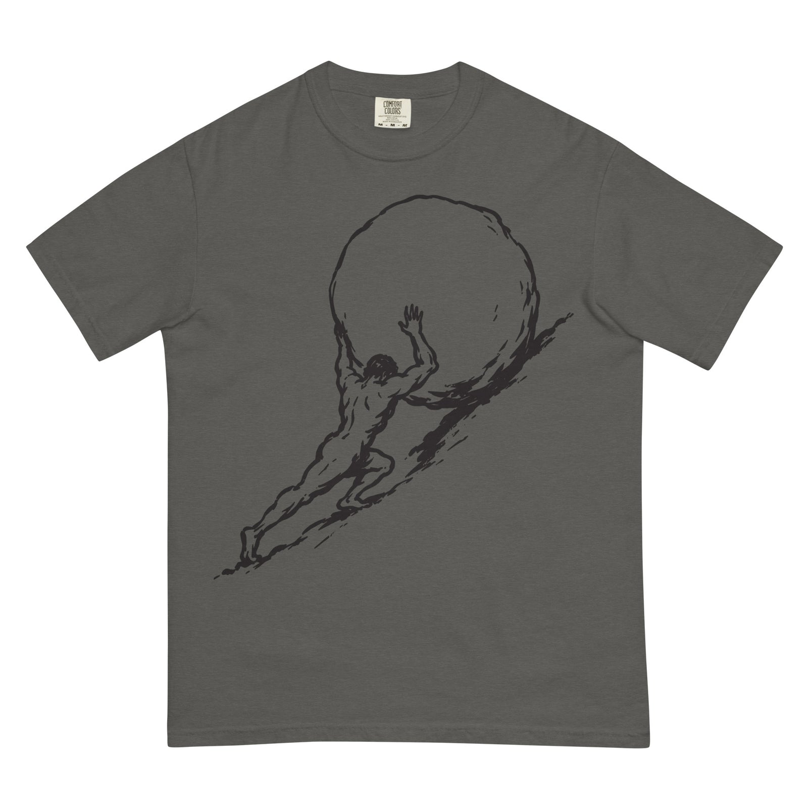 Gray Sisyphus t-shirt with a graphic of a man pushing a large boulder on a white background