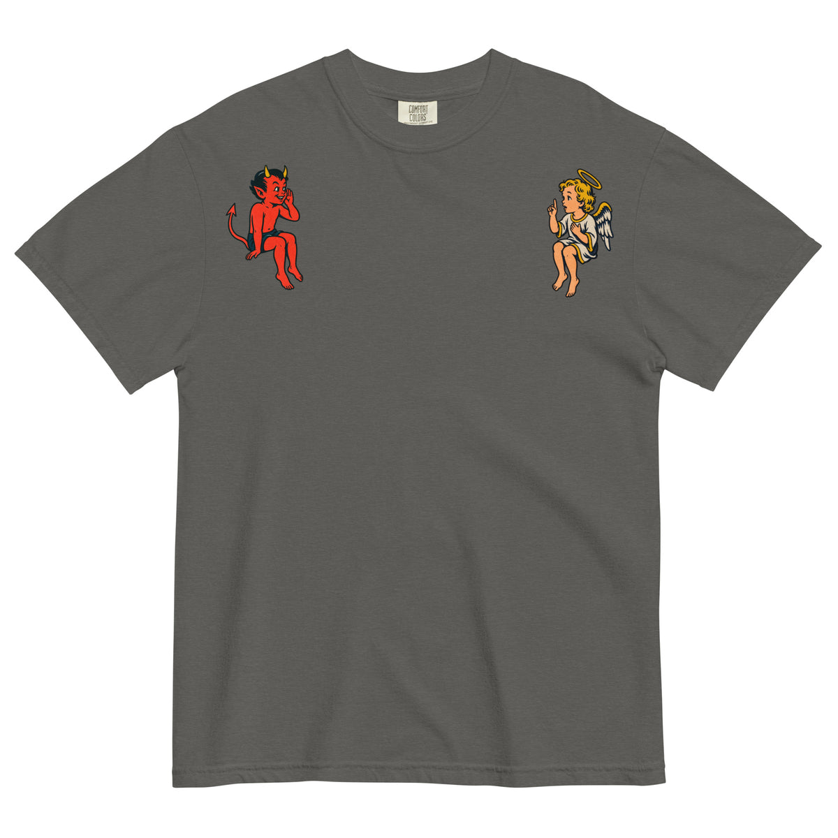 Pepper gray angel and devil shoulder graphic heavyweight tee, front view