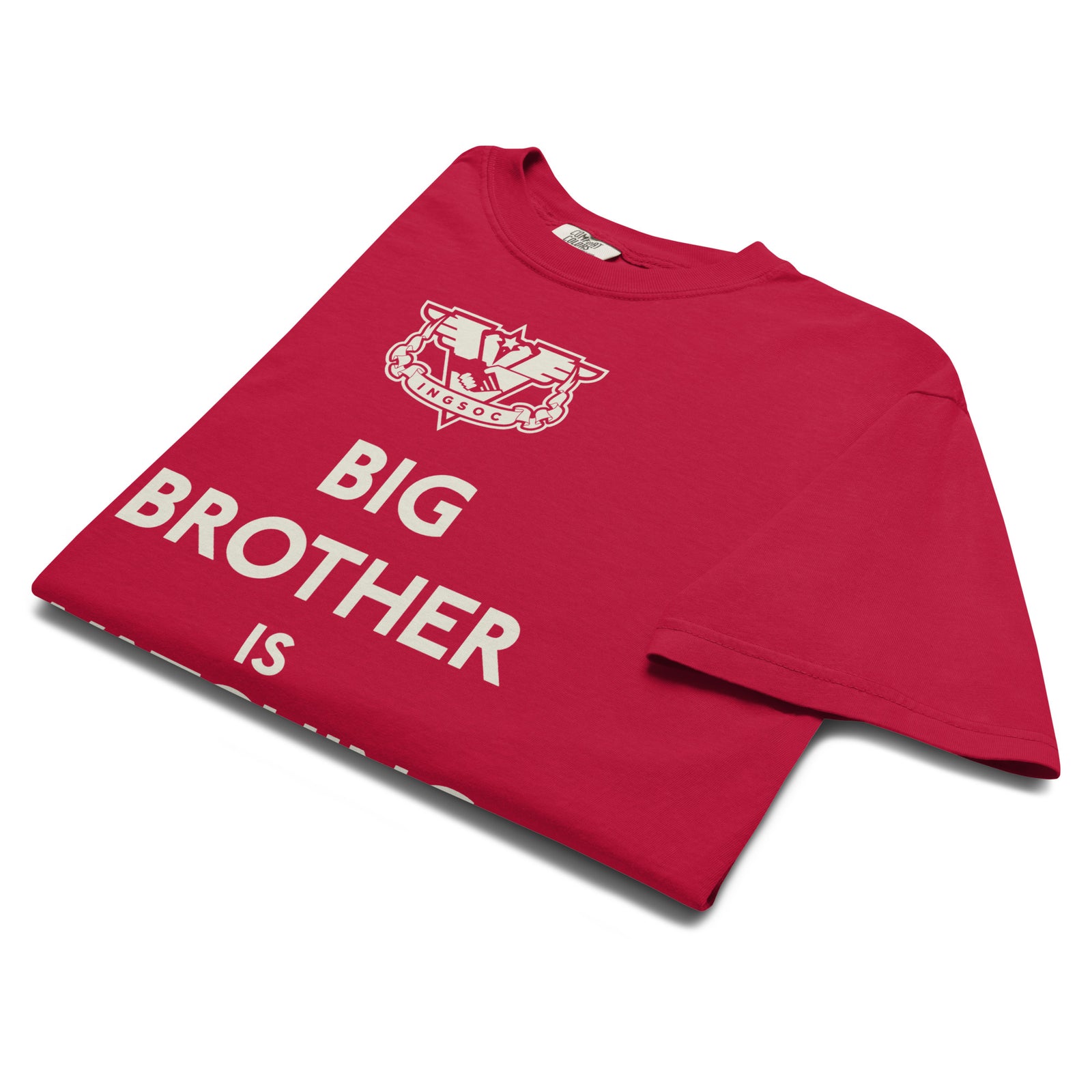 Red t-shirt with 'BIG BROTHER' text on a white background