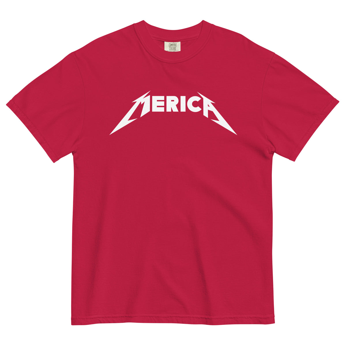 Red t-shirt with 'Merica' graphic design on a white background