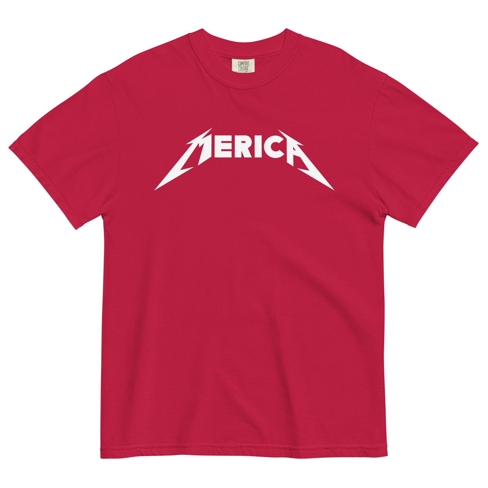 Red t-shirt with 'Merica' graphic design on a white background