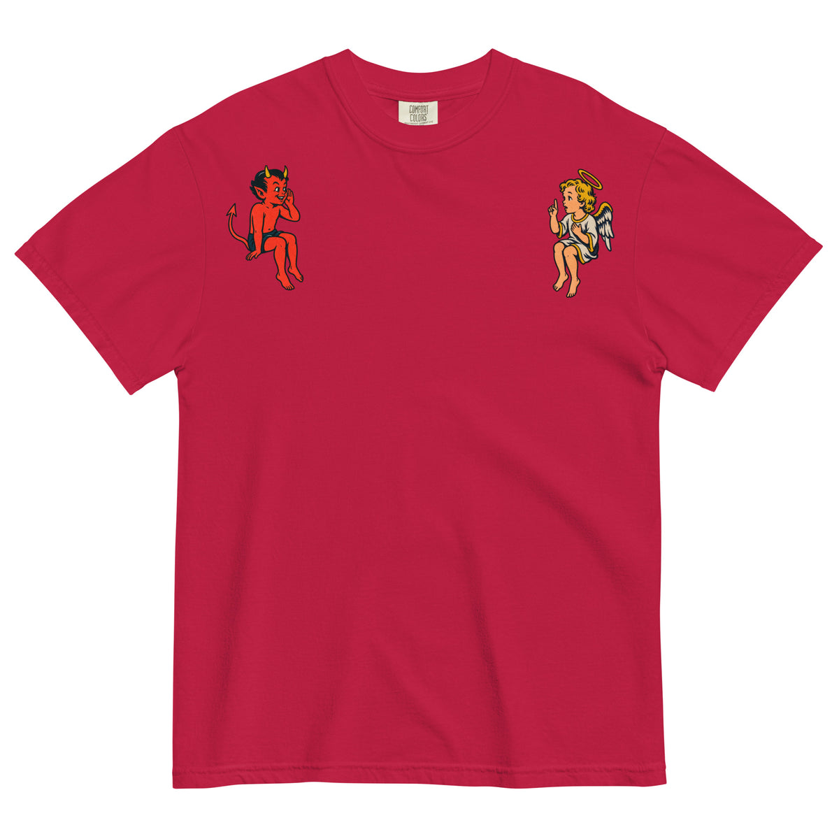 Red Free Will &amp; Associates angel and devil shoulder tee, front view