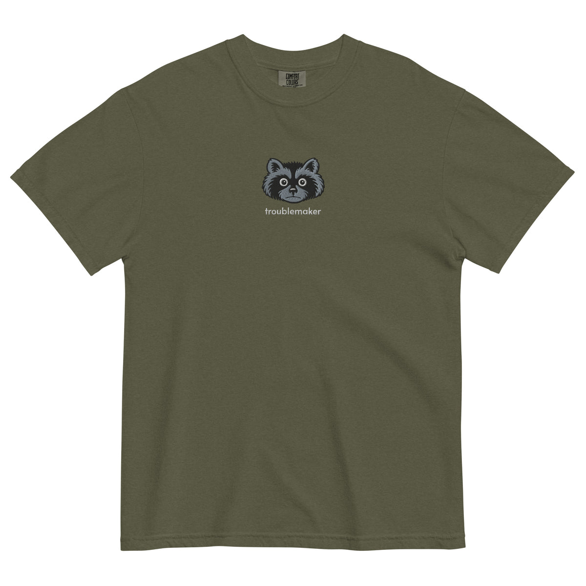 Troublemaker Raccoon Heavyweight Embroidered Tee by Liberty Maniacs in hemp green