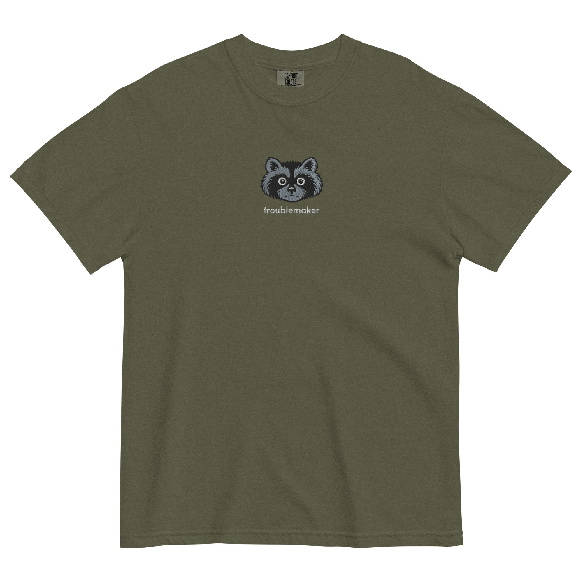 Troublemaker Raccoon Heavyweight Embroidered Tee by Liberty Maniacs in hemp green