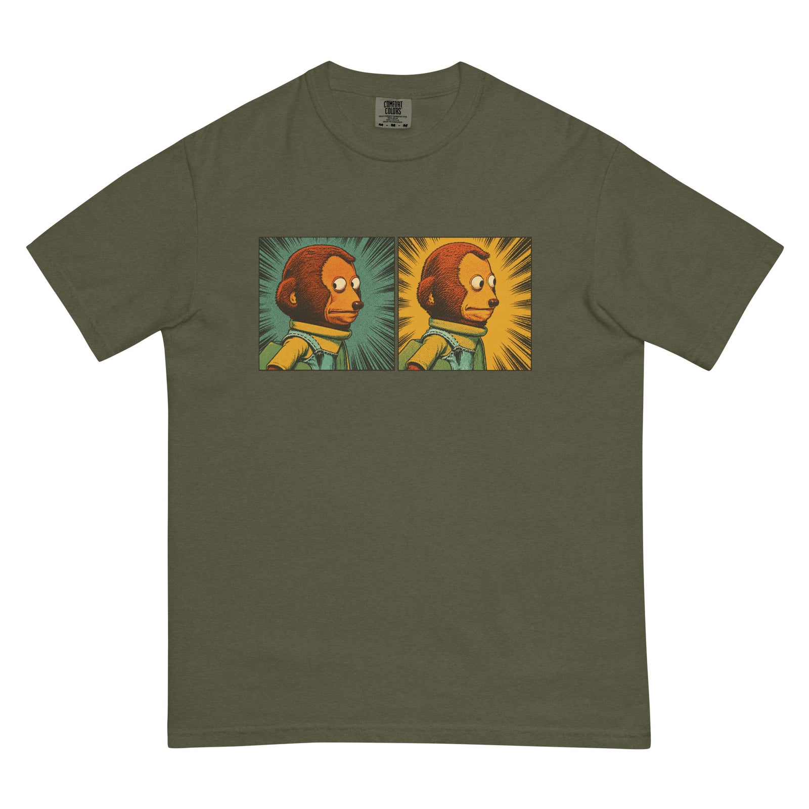 garment-dyed graphic T-shirt featuring a two-panel vintage comic-style monkey making an awkward side-eye expression.