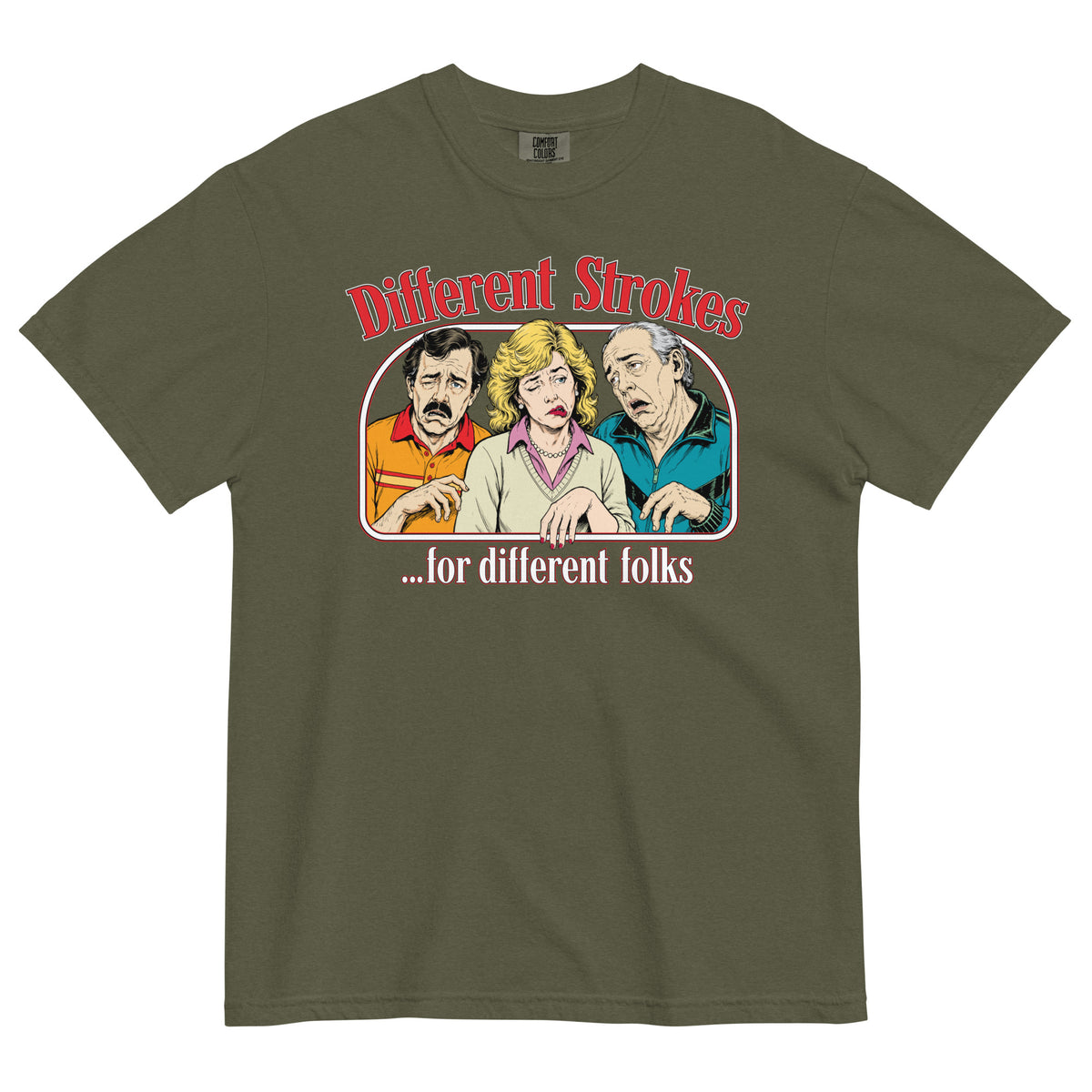 Different Strokes for Different Folks heavyweight T-shirt in sage with three-person retro graphic, front view