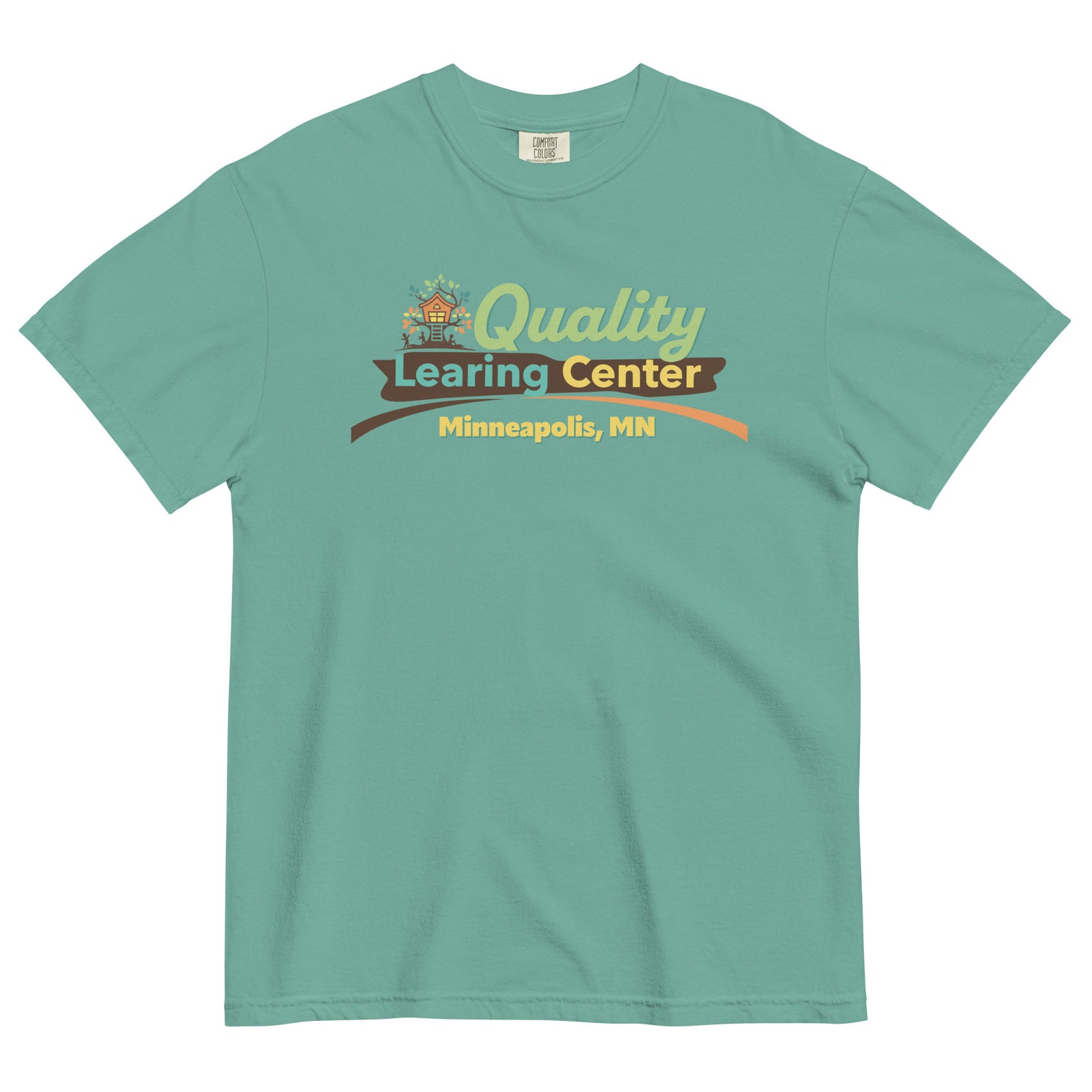 Green t-shirt with 'Quality Learing Center Minneapolis, MN' text and logo on a white background